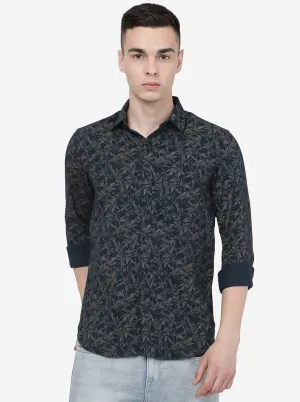Navy Blue Printed Slim Fit Casual Shirt | JadeBlue
