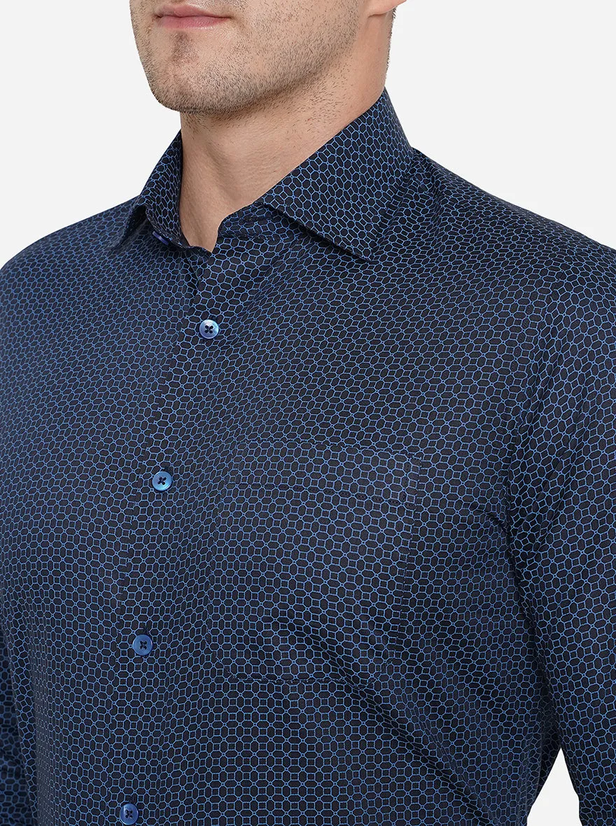 Navy Blue Printed Slim Fit Formal Shirt | Metal
