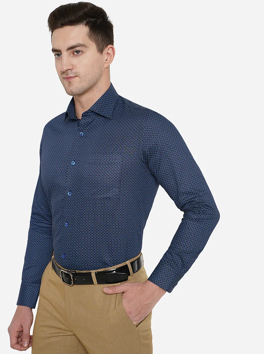 Navy Blue Printed Slim Fit Formal Shirt | Metal