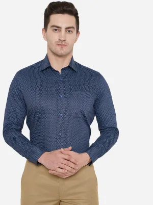 Navy Blue Printed Slim Fit Formal Shirt | Metal