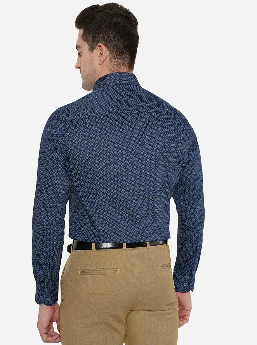 Navy Blue Printed Slim Fit Formal Shirt | Metal