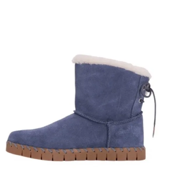 NIB Muk Luks Genuine Suede/Genuine Shearling Memory Foam Ankle Boots Navy Blue 6