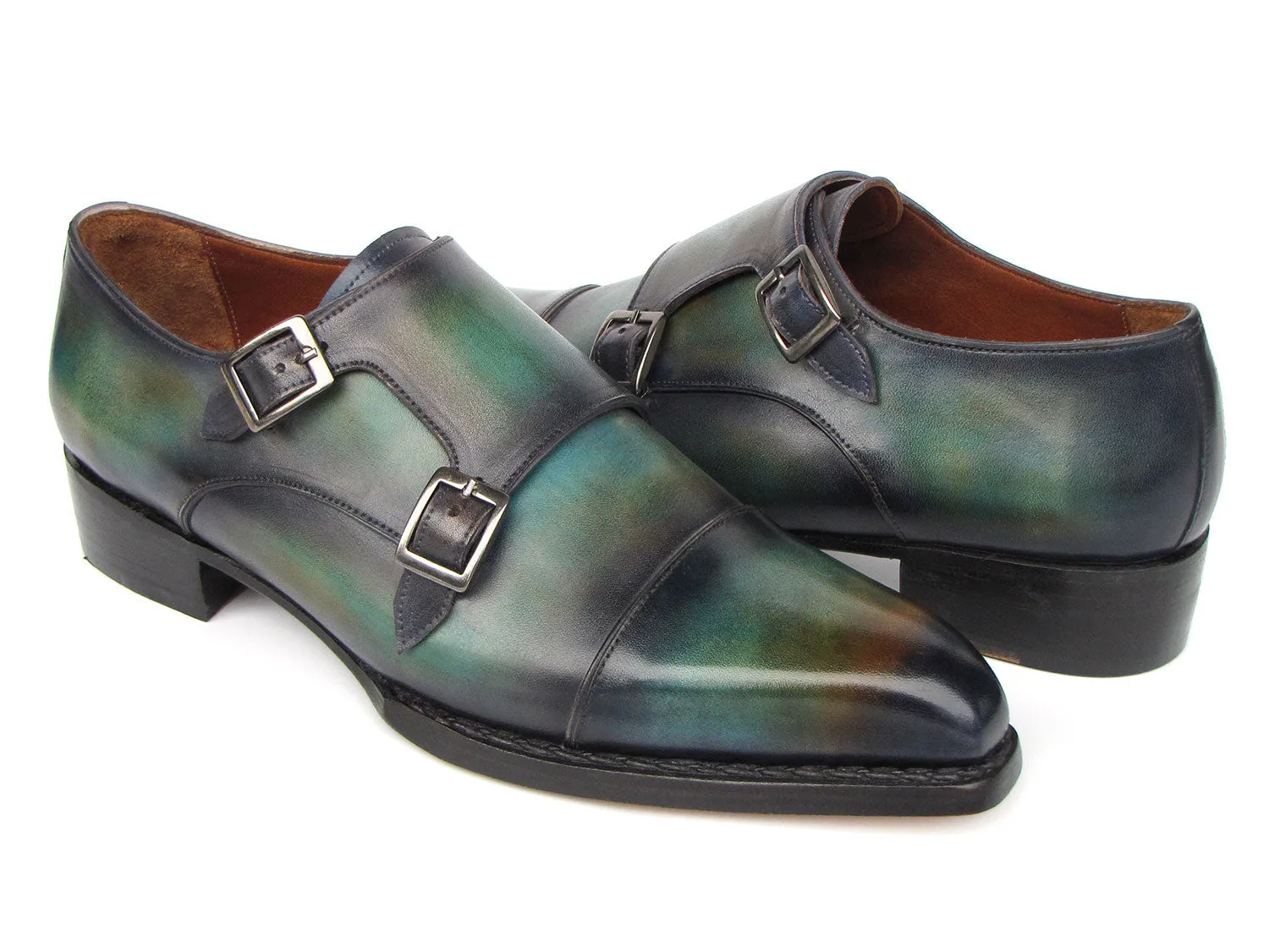 Paul Parkman Men's Cap Toe Double Monkstrap Shoes Green & Blue Patina