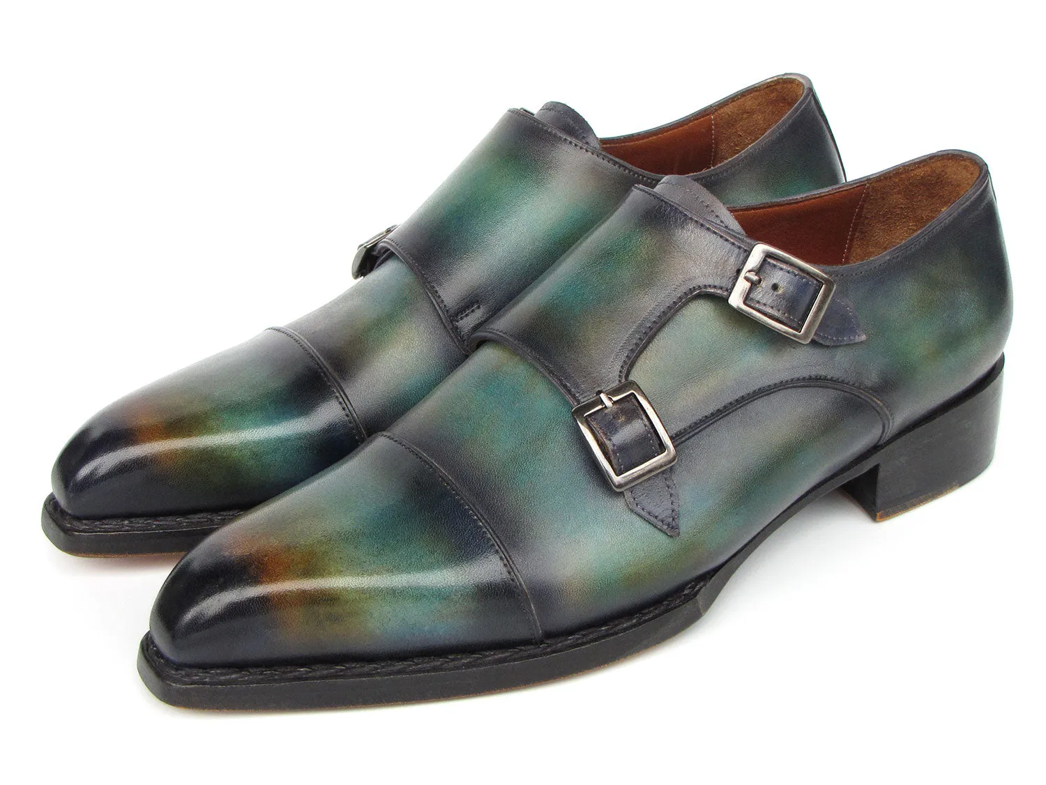 Paul Parkman Men's Cap Toe Double Monkstrap Shoes Green & Blue Patina