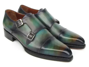 Paul Parkman Men's Cap Toe Double Monkstrap Shoes Green & Blue Patina