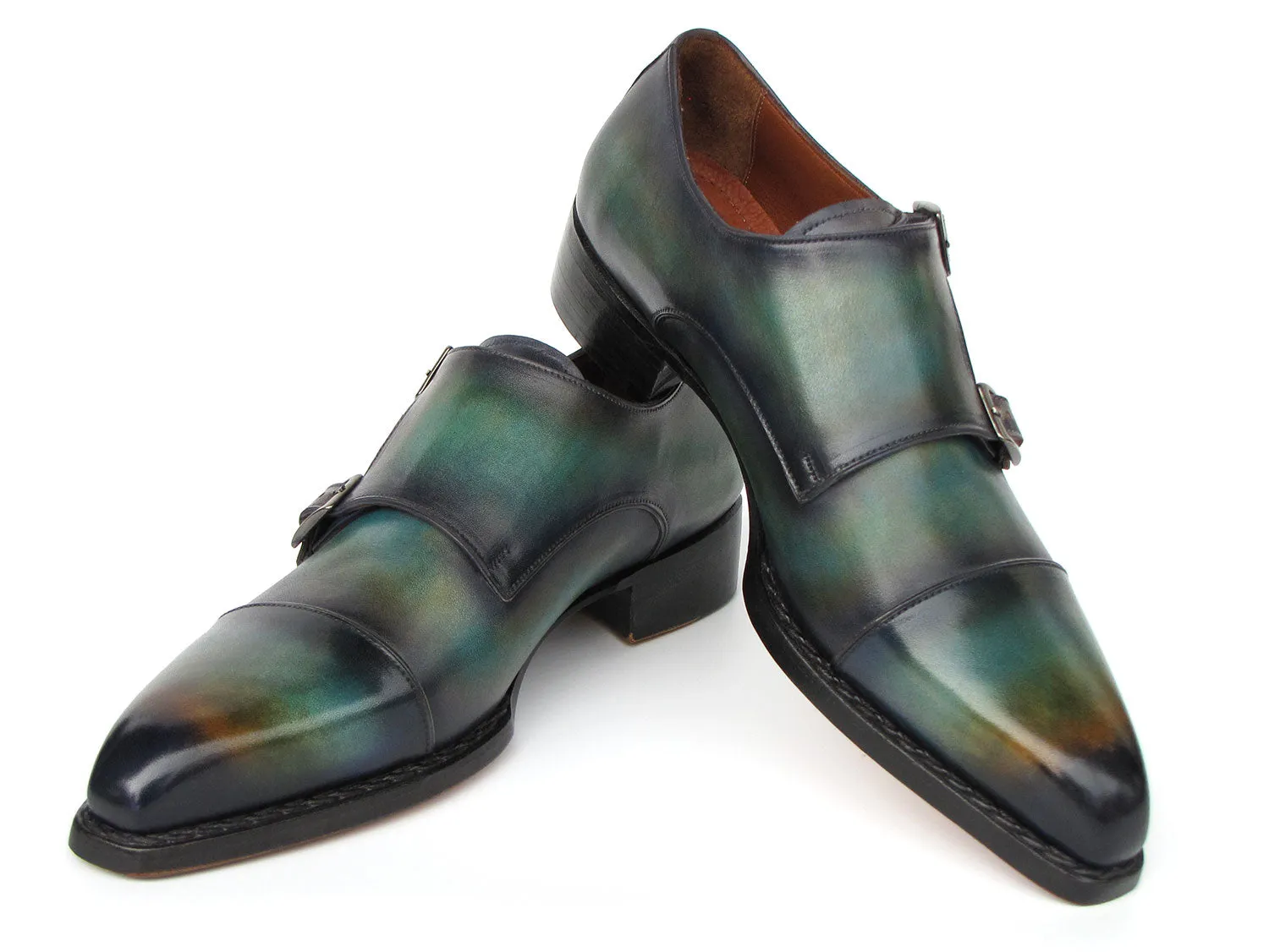 Paul Parkman Men's Cap Toe Double Monkstrap Shoes Green & Blue Patina