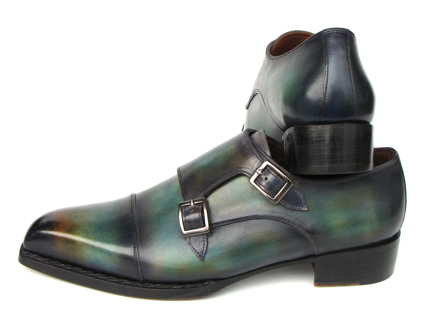 Paul Parkman Men's Cap Toe Double Monkstrap Shoes Green & Blue Patina