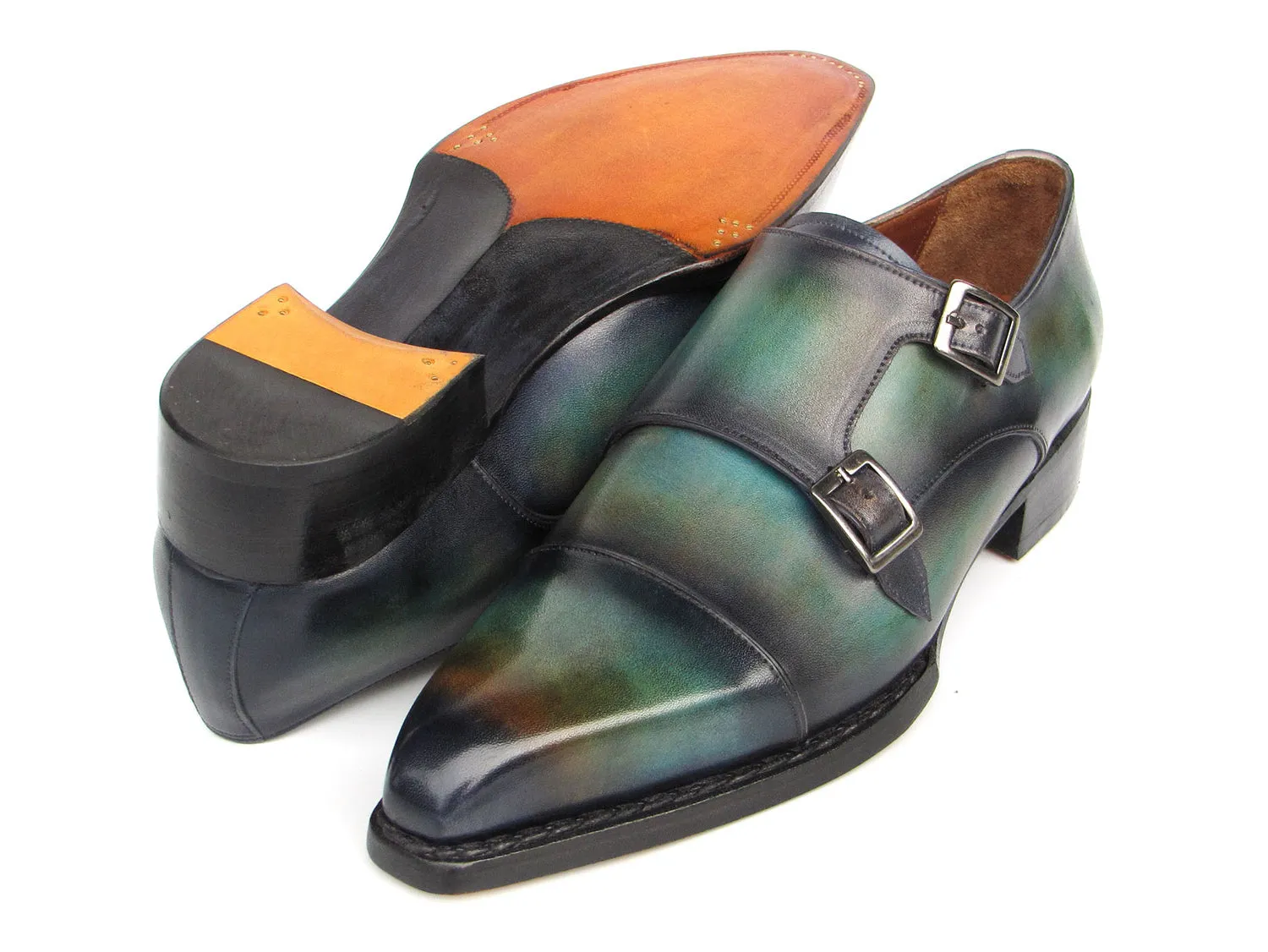 Paul Parkman Men's Cap Toe Double Monkstrap Shoes Green & Blue Patina