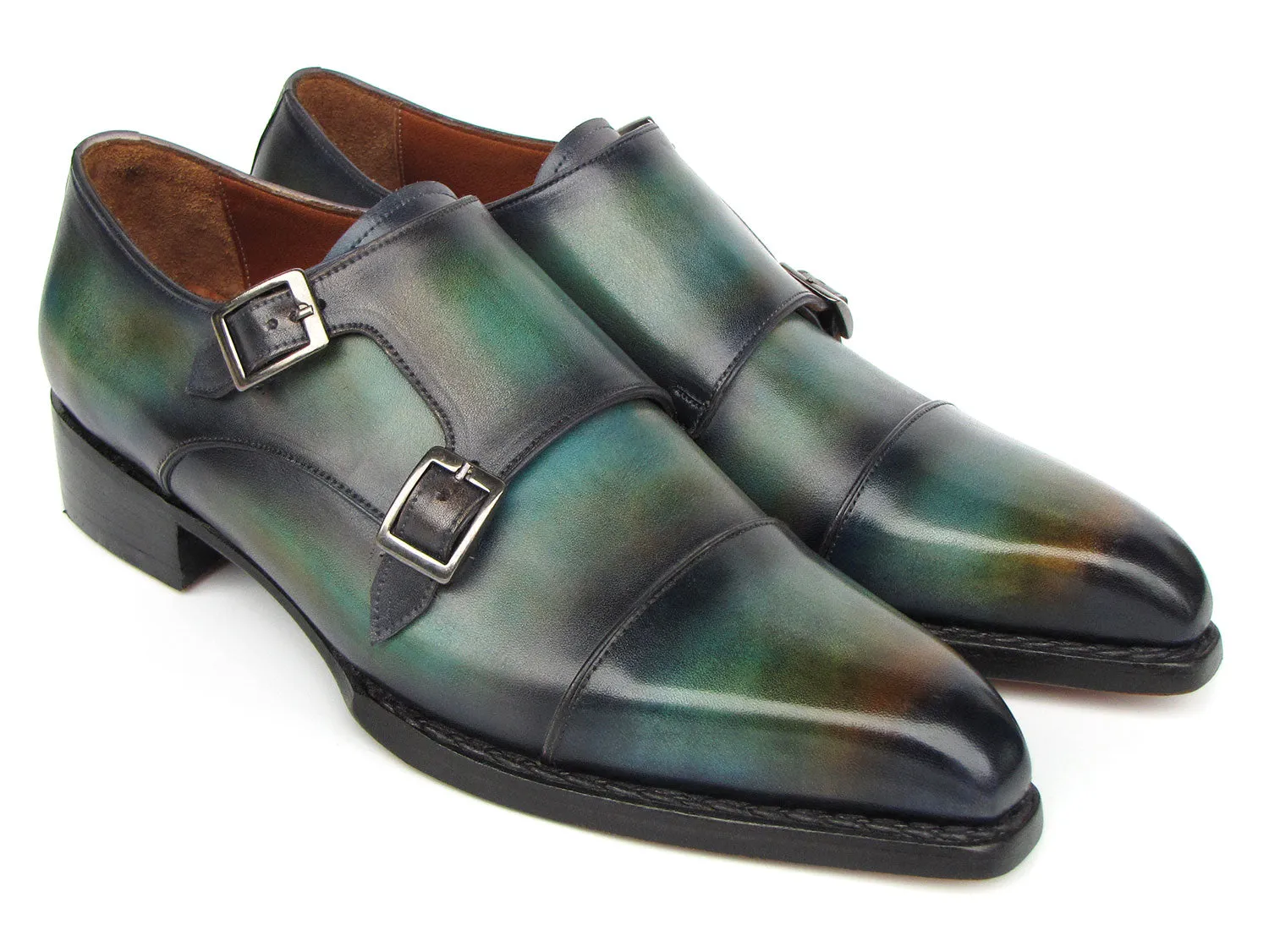 Paul Parkman Men's Cap Toe Double Monkstrap Shoes Green & Blue Patina