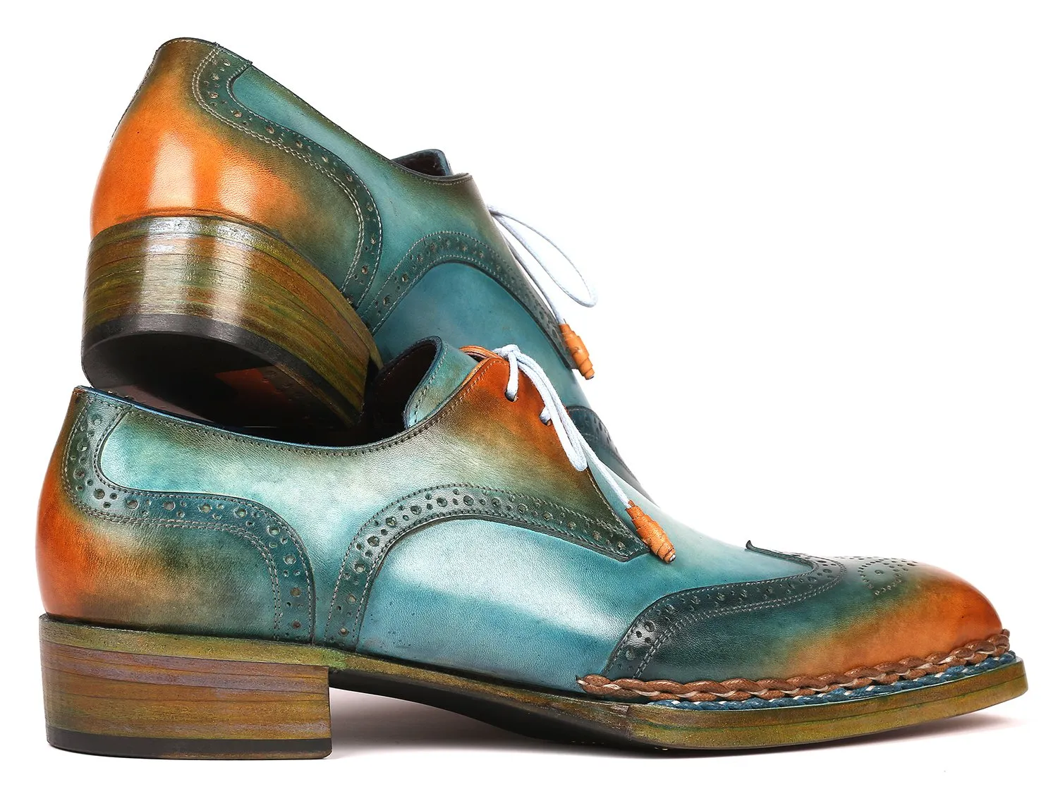 Paul Parkman Norwegian Welted Wingtip Derby Shoes in Turquoise & Tobacco