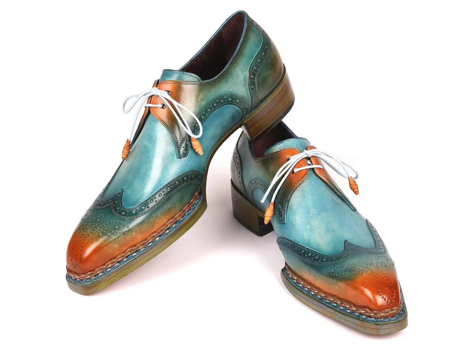 Paul Parkman Norwegian Welted Wingtip Derby Shoes in Turquoise & Tobacco