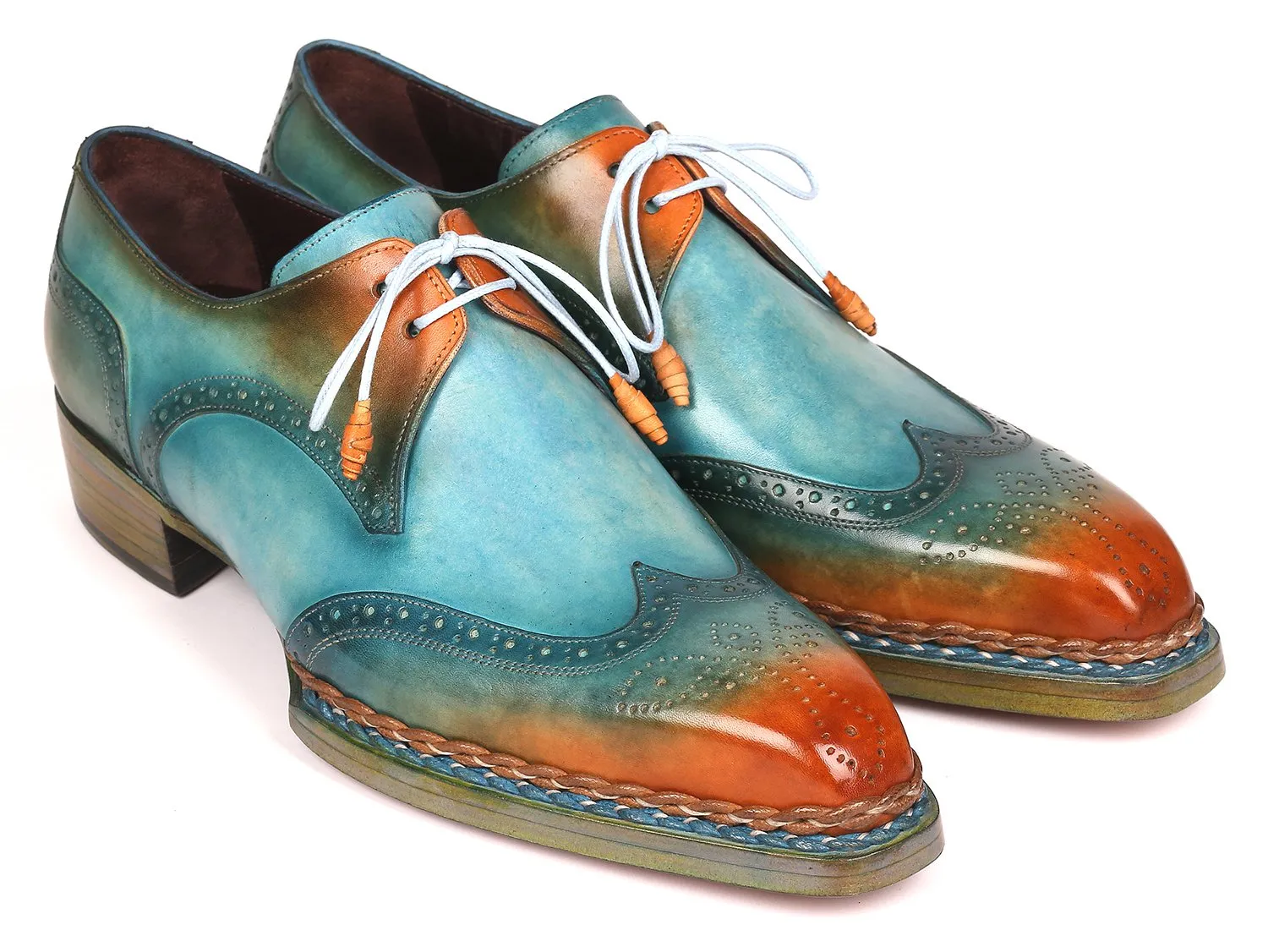 Paul Parkman Norwegian Welted Wingtip Derby Shoes in Turquoise & Tobacco