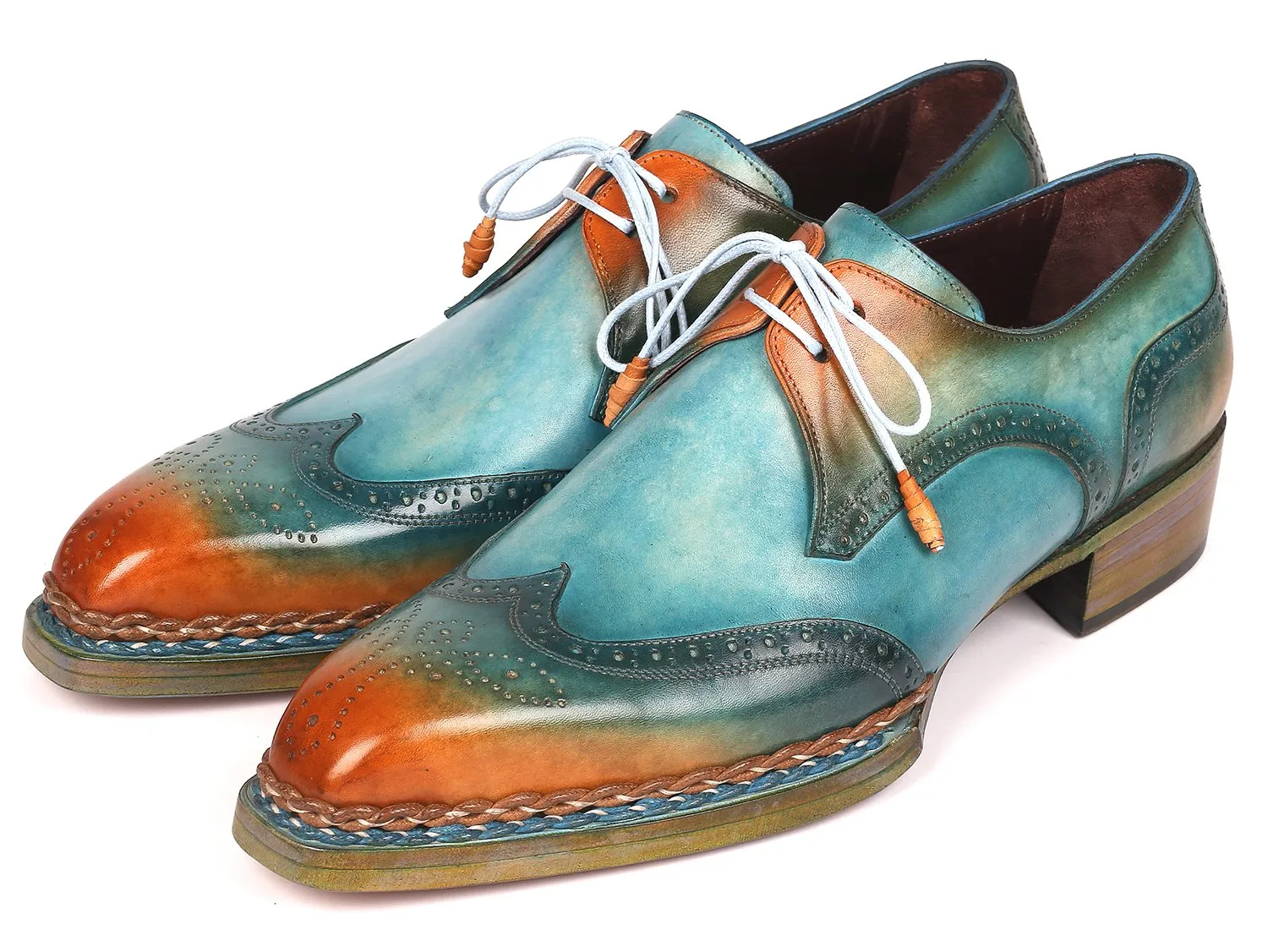 Paul Parkman Norwegian Welted Wingtip Derby Shoes in Turquoise & Tobacco