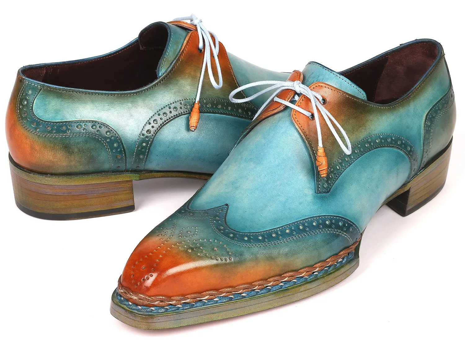 Paul Parkman Norwegian Welted Wingtip Derby Shoes in Turquoise & Tobacco