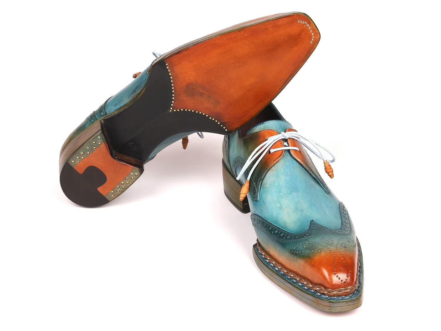 Paul Parkman Norwegian Welted Wingtip Derby Shoes in Turquoise & Tobacco