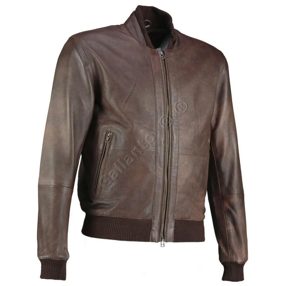 Perforated Brown Bomber Vintage Motorcyle Leather Jacket