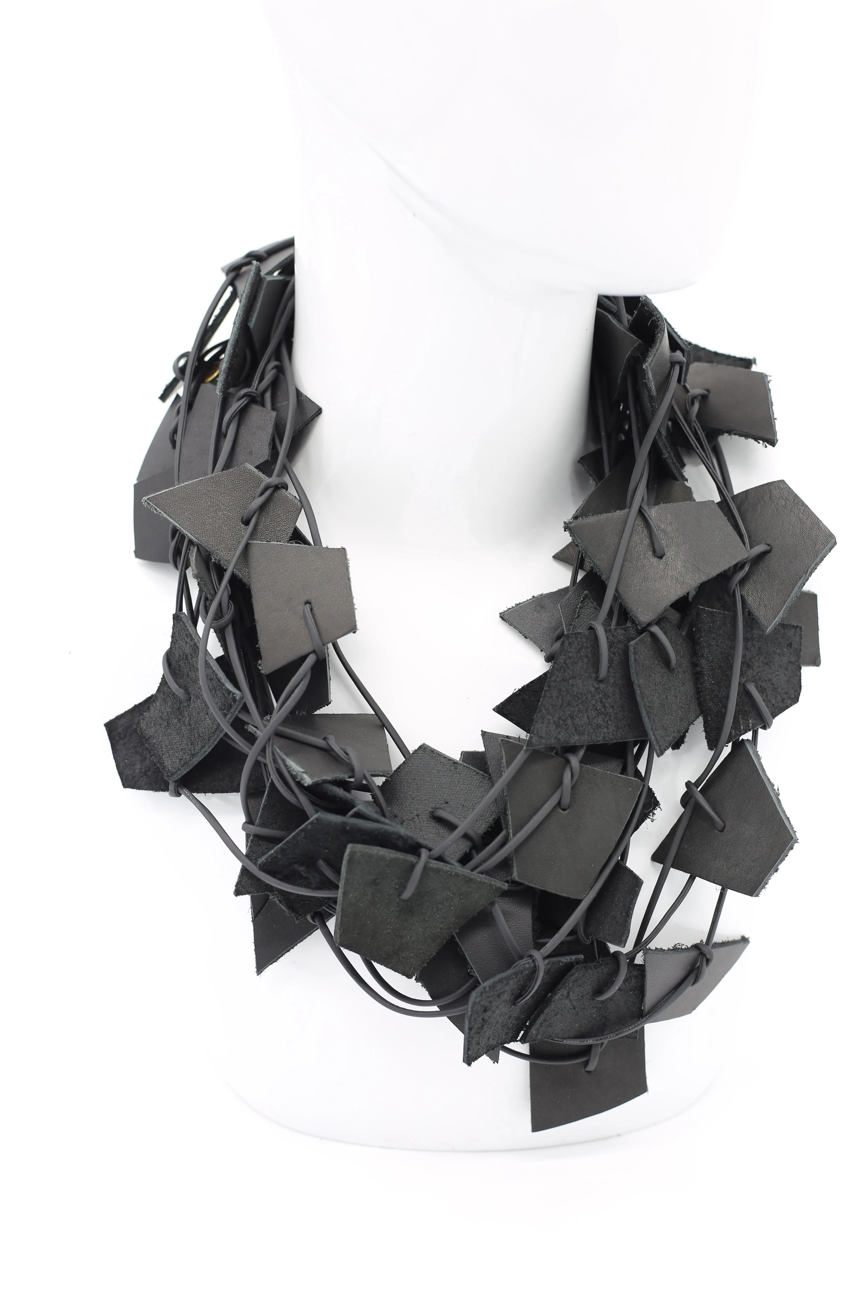 Recycled Leather Small Irregular Shapes Necklace - Black