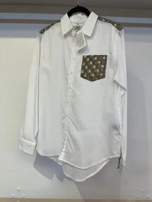 Repurposed Scarf Button Down - White Oxford - Gold Pocket