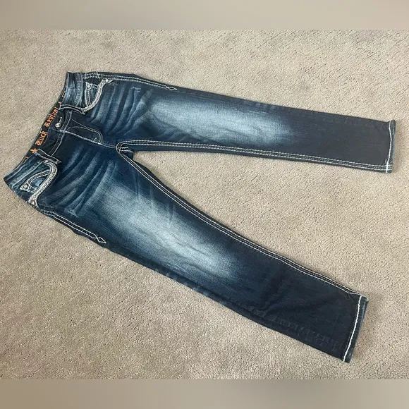 Rock Revival Mei 28 skinny ankle jeans dark whiskered denim bling GUC