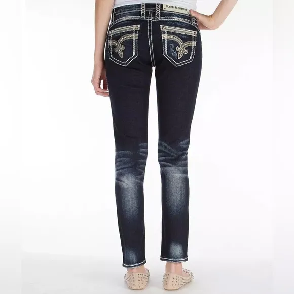 Rock Revival Mei 28 skinny ankle jeans dark whiskered denim bling GUC