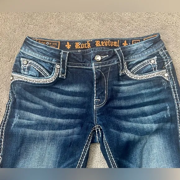 Rock Revival Mei 28 skinny ankle jeans dark whiskered denim bling GUC