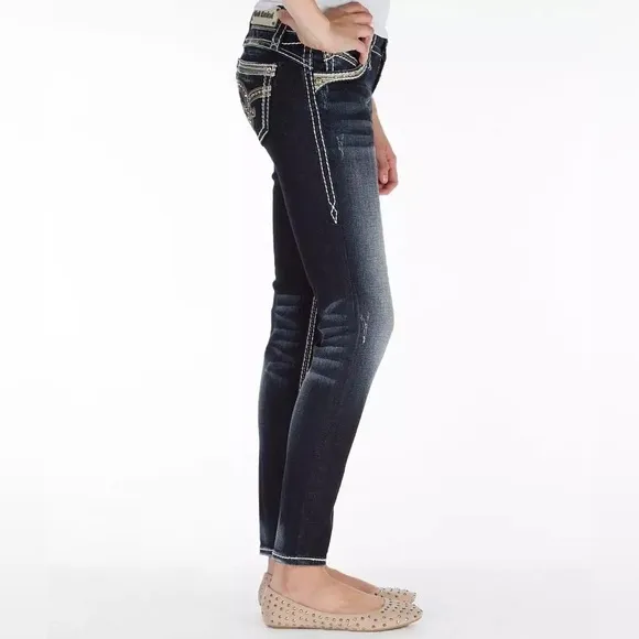 Rock Revival Mei 28 skinny ankle jeans dark whiskered denim bling GUC