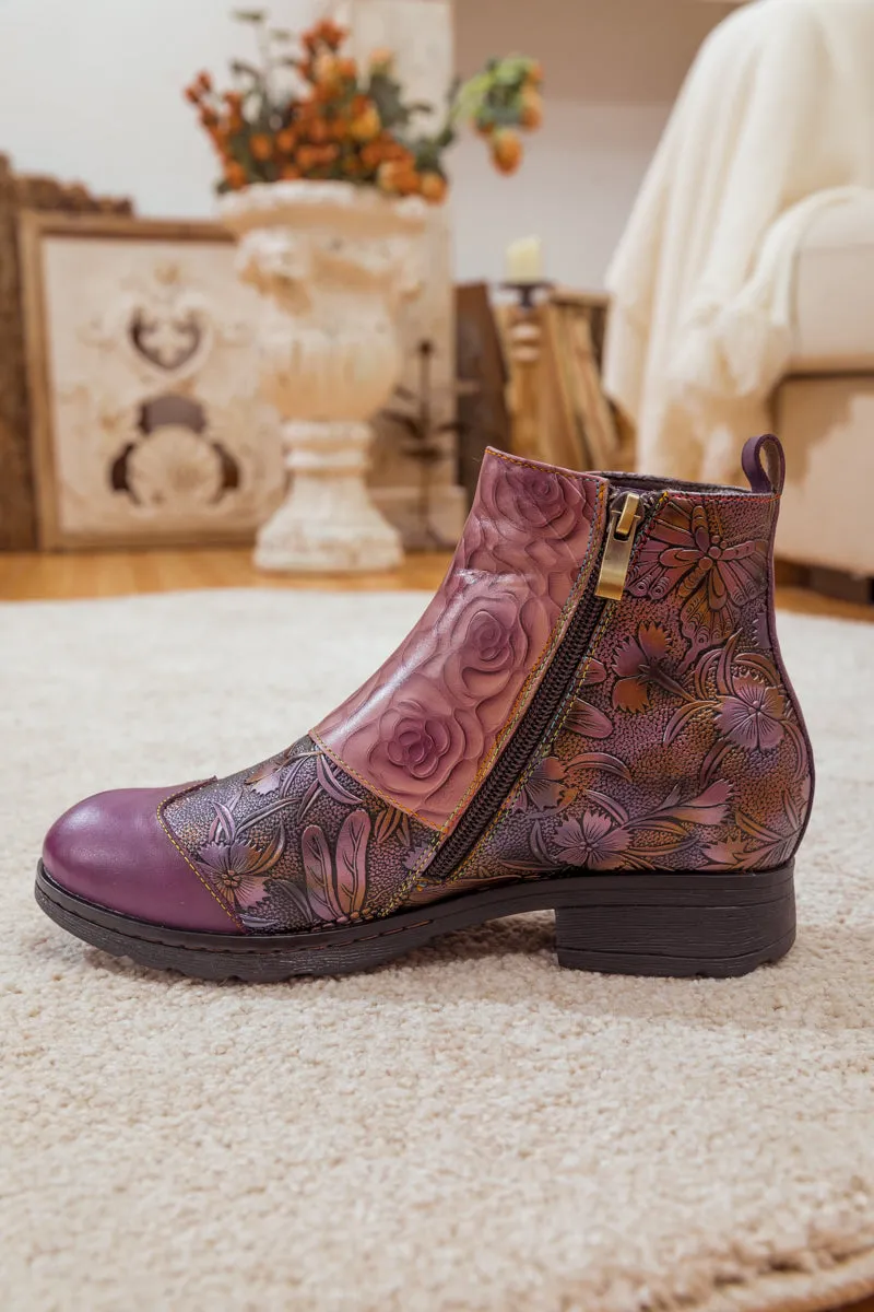 Rose Garden Embossed Leather Strap Boot - Purple