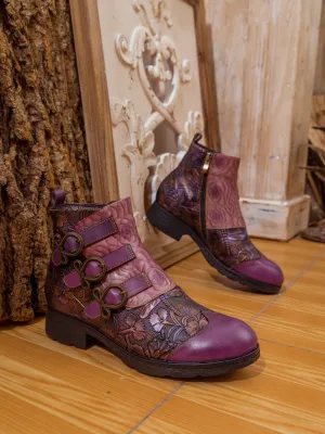 Rose Garden Embossed Leather Strap Boot - Purple