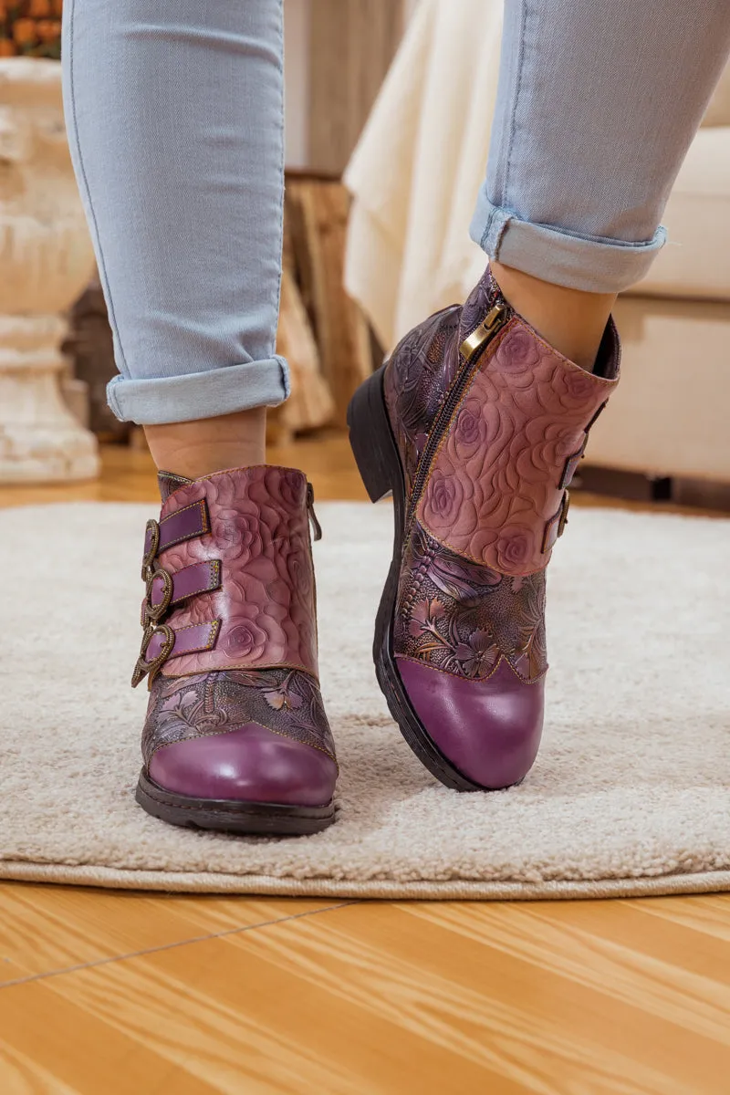 Rose Garden Embossed Leather Strap Boot - Purple