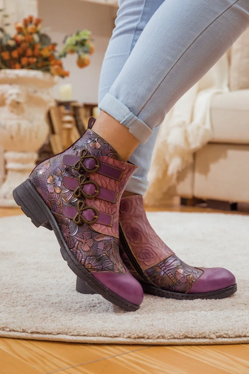 Rose Garden Embossed Leather Strap Boot - Purple