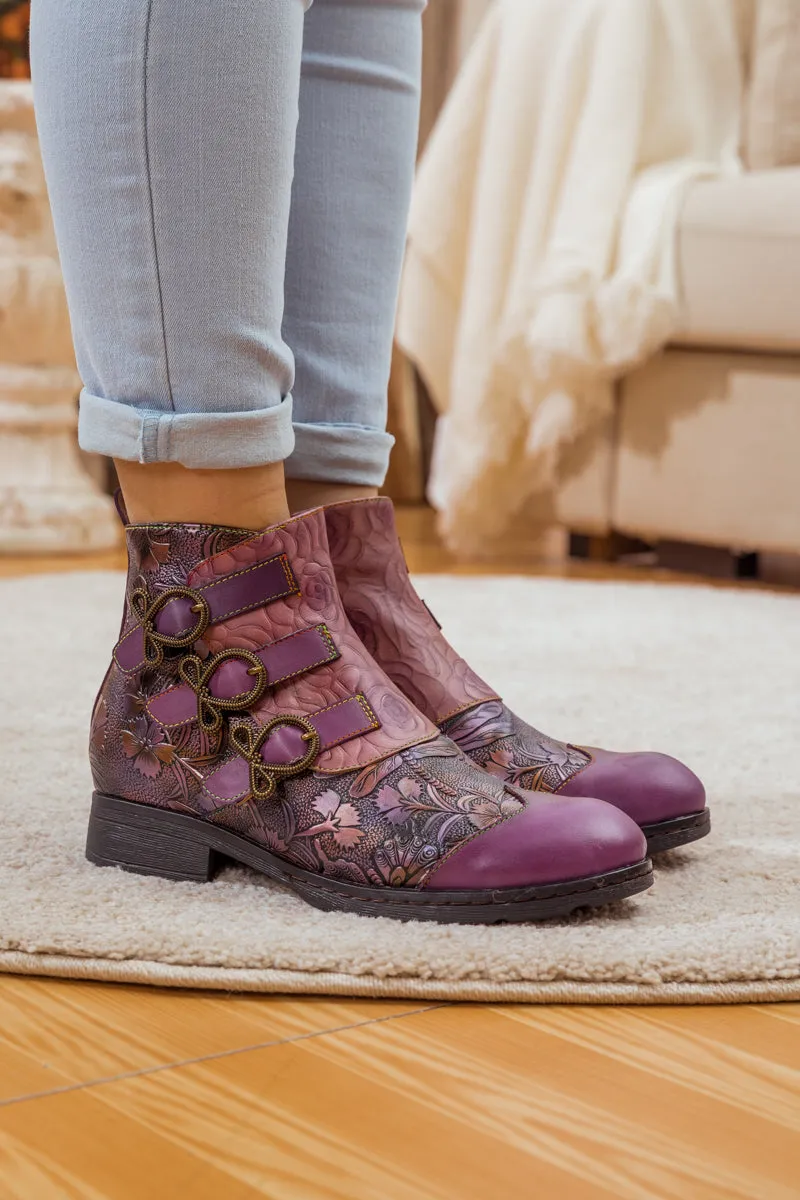Rose Garden Embossed Leather Strap Boot - Purple