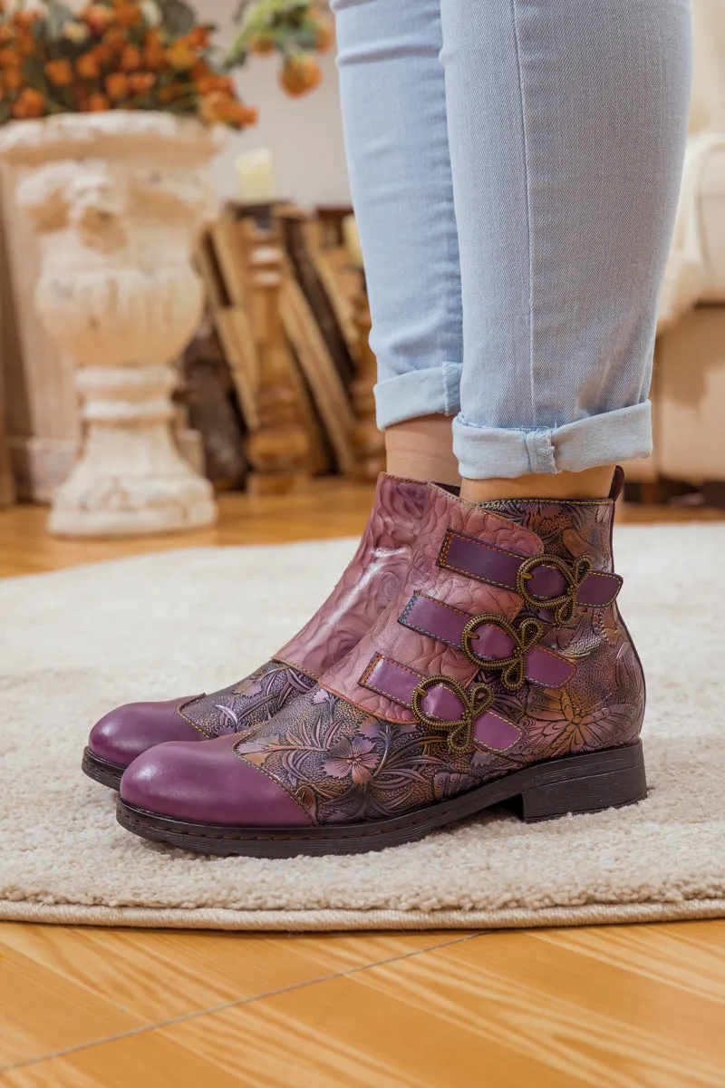 Rose Garden Embossed Leather Strap Boot - Purple