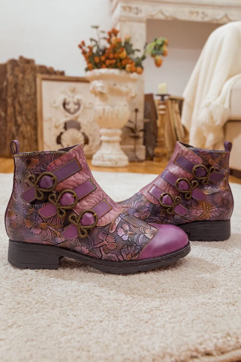 Rose Garden Embossed Leather Strap Boot - Purple
