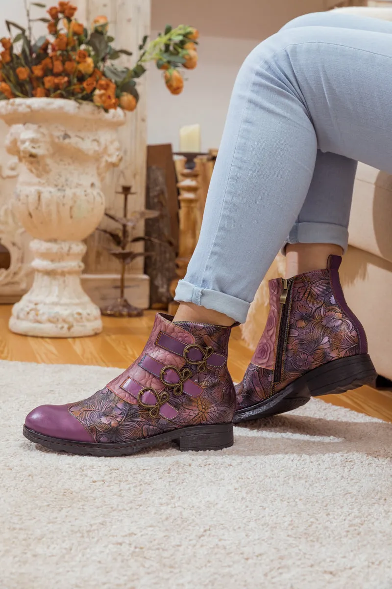 Rose Garden Embossed Leather Strap Boot - Purple