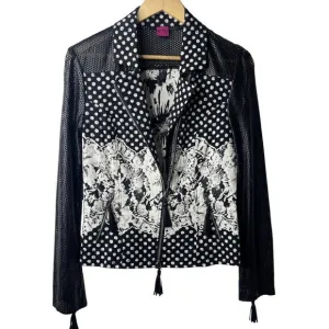 Save The Queen Polka Dot Perforated Leather Zip Up Collared Moto Jacket