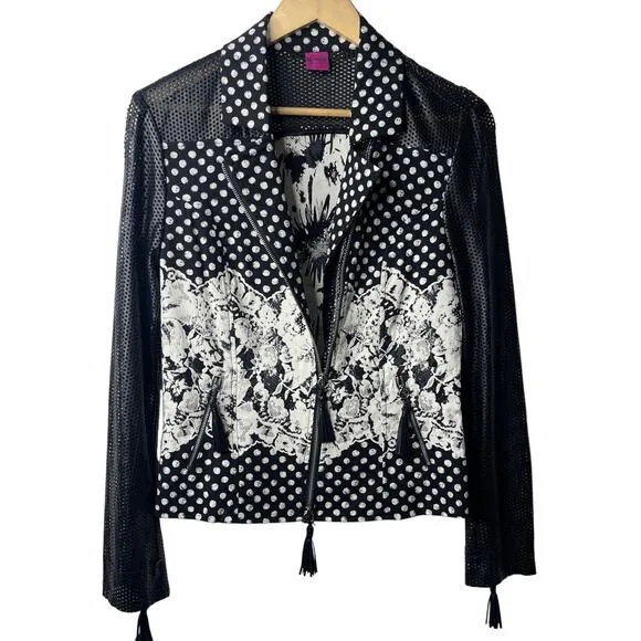 Save The Queen Polka Dot Perforated Leather Zip Up Collared Moto Jacket