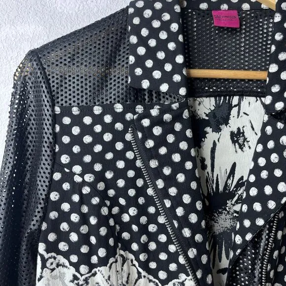 Save The Queen Polka Dot Perforated Leather Zip Up Collared Moto Jacket