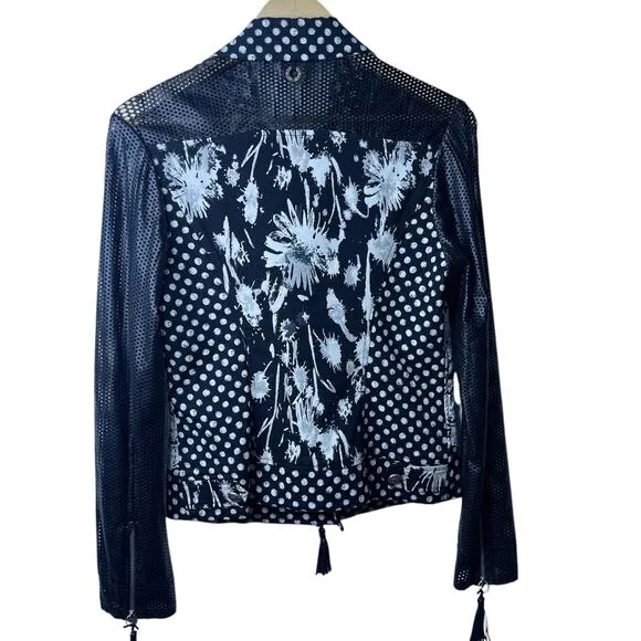 Save The Queen Polka Dot Perforated Leather Zip Up Collared Moto Jacket