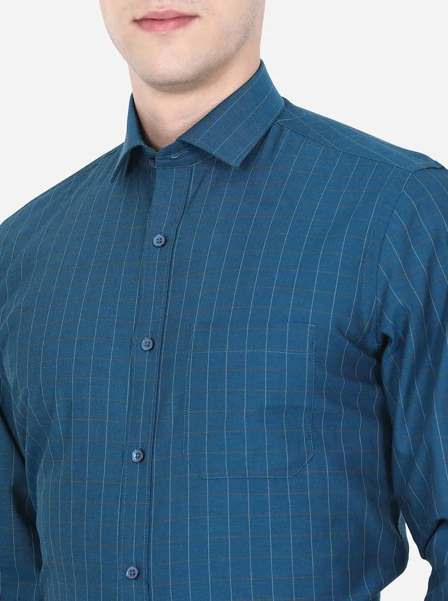 Teal Blue Checked Slim Fit Formal Shirt | Greenfibre