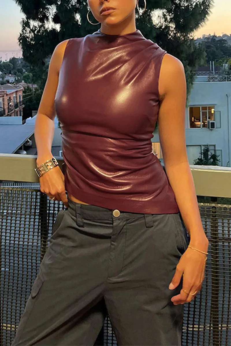 TK0473 Vegan Leather Sleeveless Top