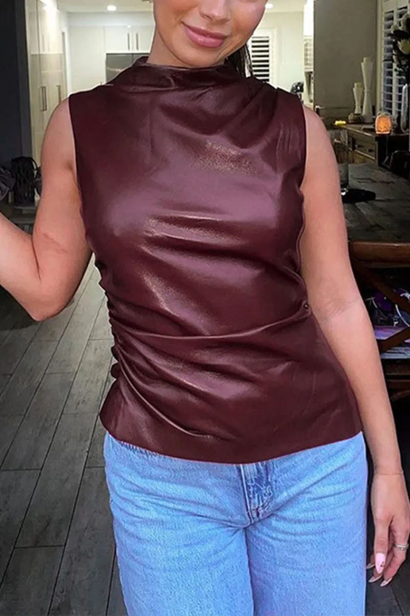 TK0473 Vegan Leather Sleeveless Top