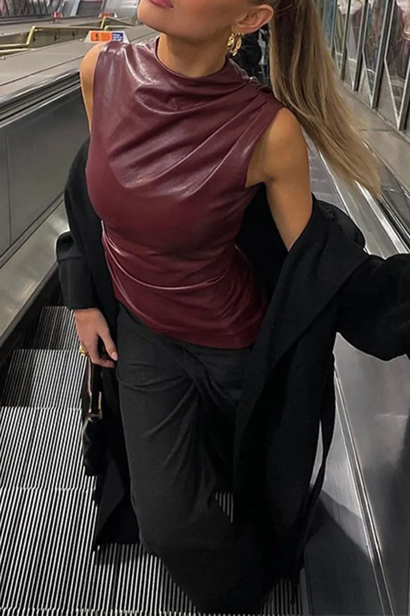 TK0473 Vegan Leather Sleeveless Top