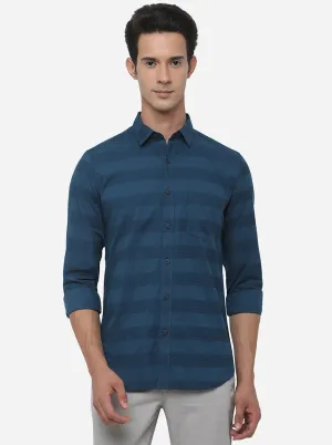 Turquoise Blue Striped Slim Fit Semi Casual Shirt | JadeBlue