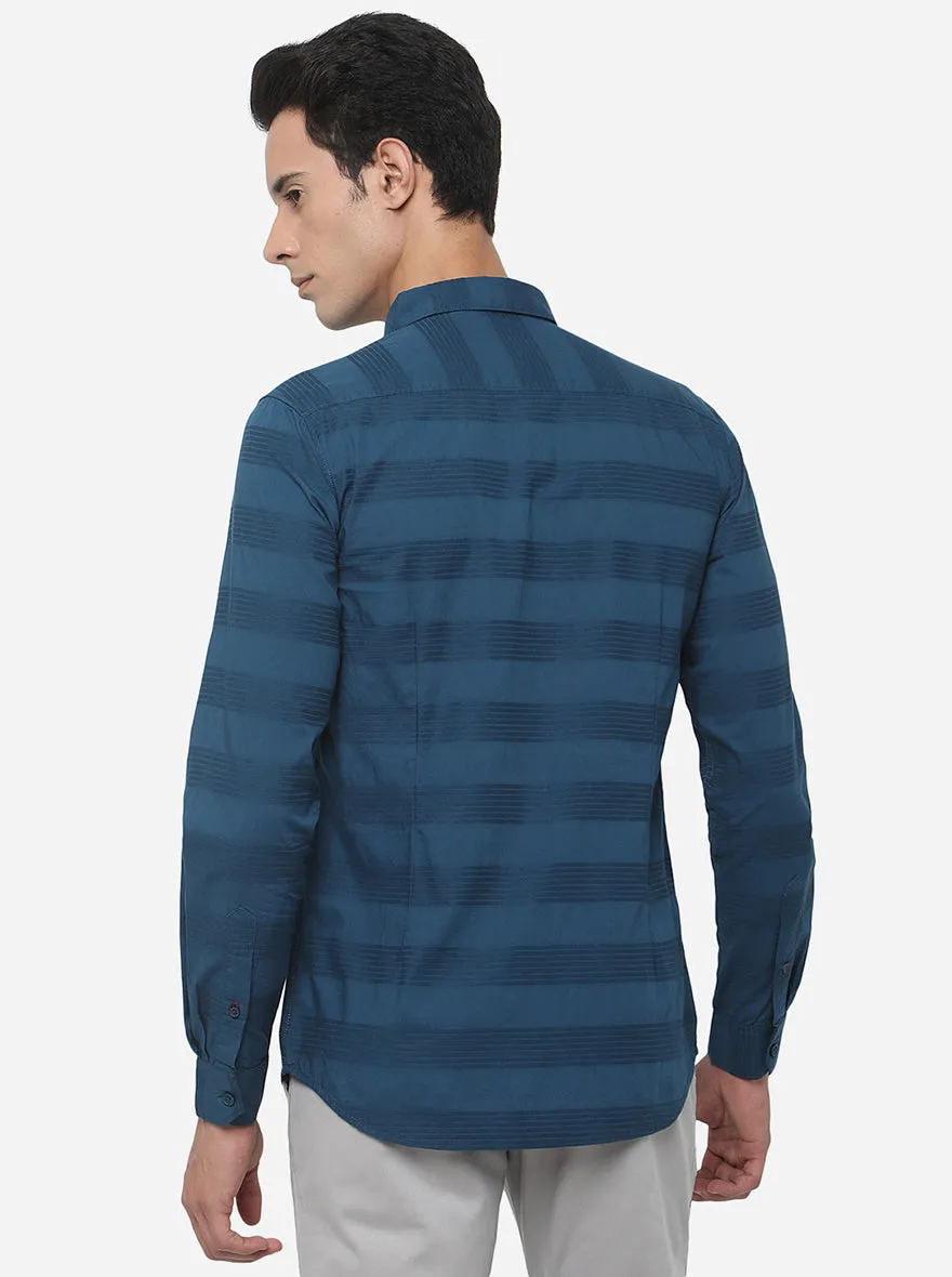 Turquoise Blue Striped Slim Fit Semi Casual Shirt | JadeBlue