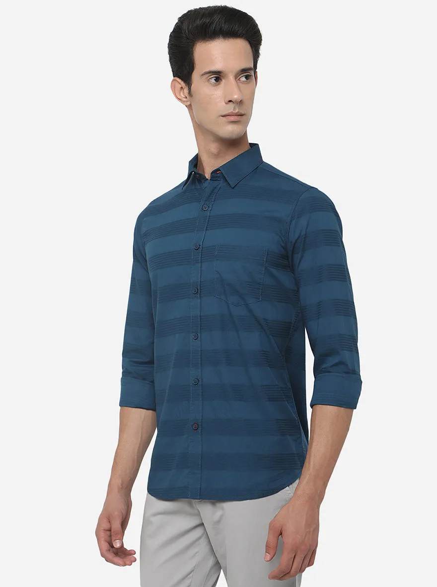 Turquoise Blue Striped Slim Fit Semi Casual Shirt | JadeBlue