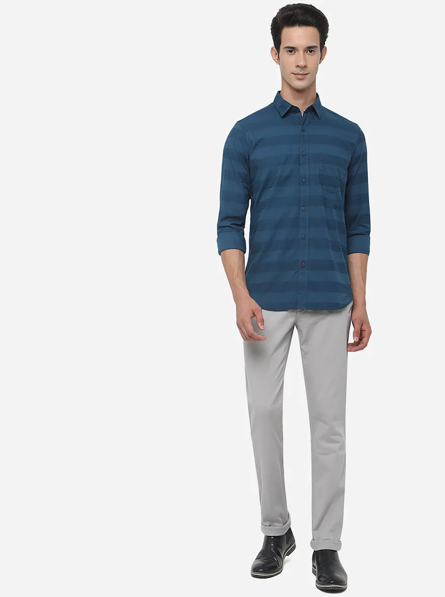 Turquoise Blue Striped Slim Fit Semi Casual Shirt | JadeBlue