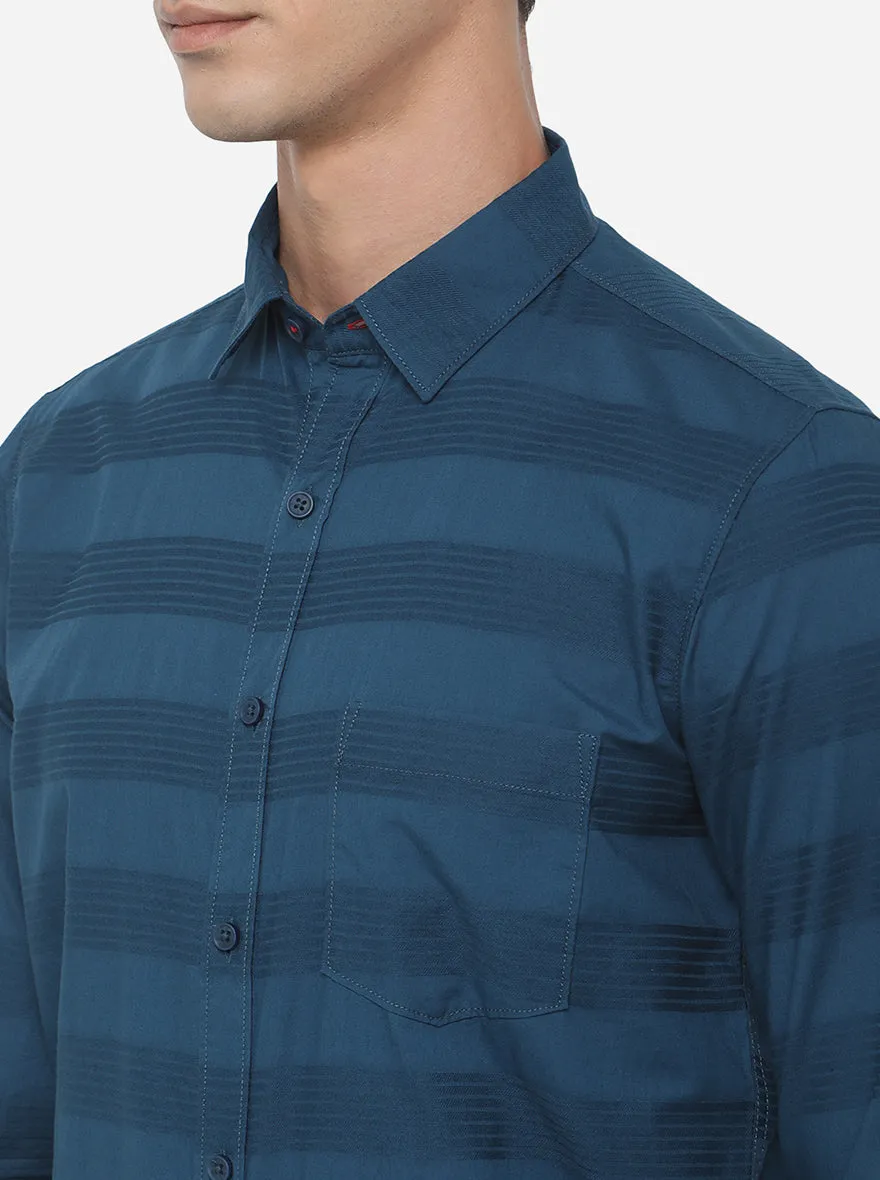 Turquoise Blue Striped Slim Fit Semi Casual Shirt | JadeBlue
