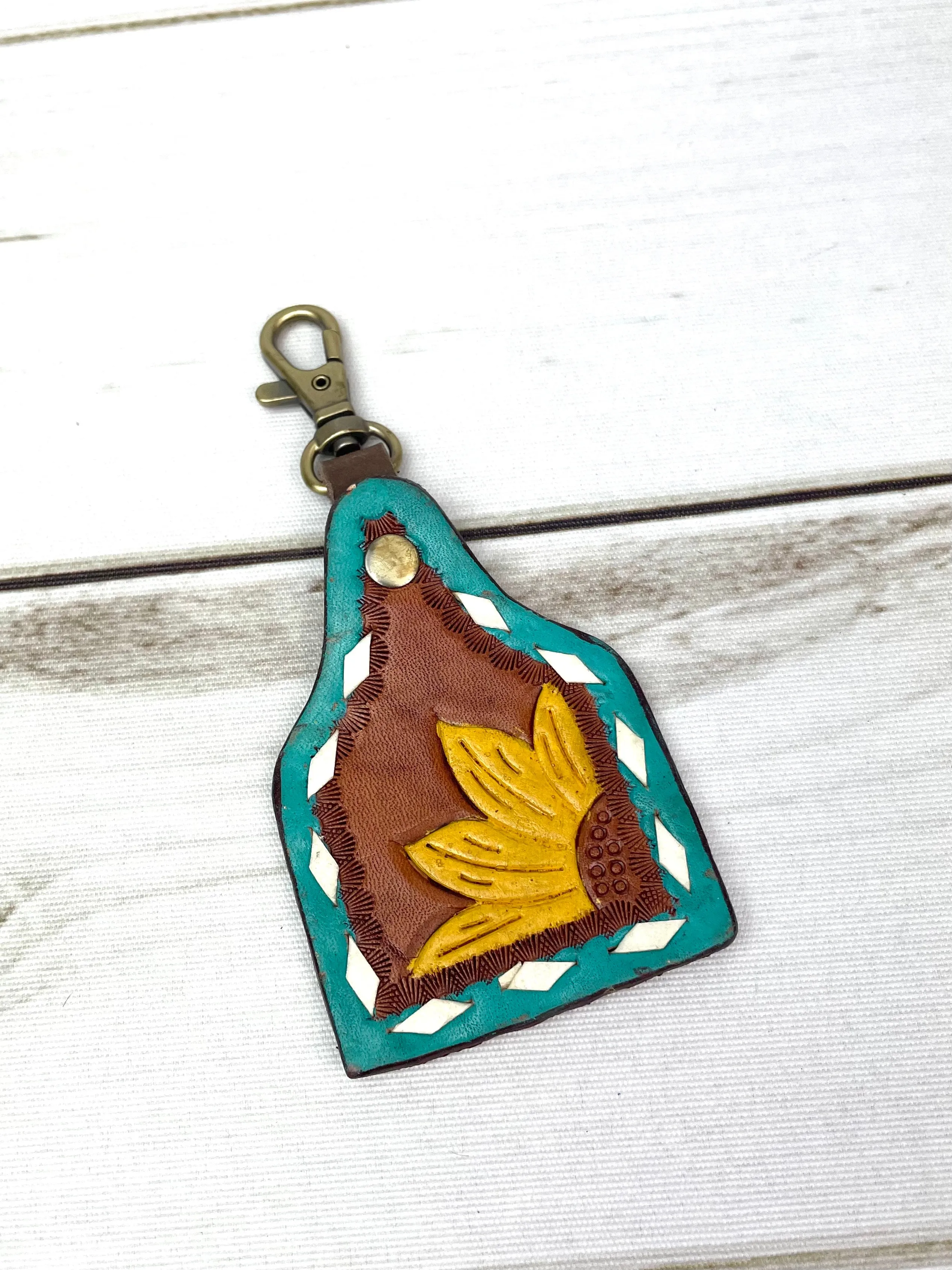 Turquoise Border Sunflower Buckstitch Leather Key Tag