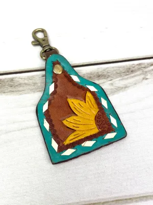 Turquoise Border Sunflower Buckstitch Leather Key Tag