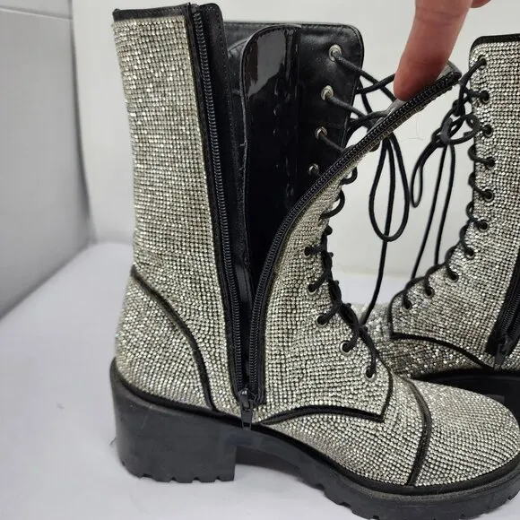 Vigo Fiore Womens Rhinestone Combat Boots Size 8.5 With 2.5&quot; Block Heel